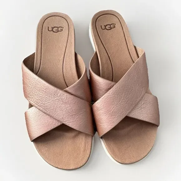 UGG Kari Sandals Size 7 Metallic Rose Gold Leather Crisscross Platform Slide - Picture 6 of 7